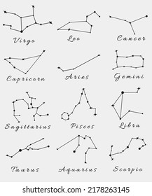 All zodiac signs. Set of zodiac sign star constellation.