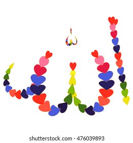 Allah, name in vector, made in bright colors and heart symbols, on white background