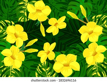 allamanda flowers pattern background vector. with yellow and green leaf.