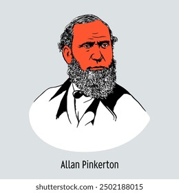 Allan Pinkerton war ein in Schottland geborener amerikanischer Cooper, Abschaffer, Detektiv und Spion. Er ist bekannt als Gründer der Pinkerton National Detective Agency. Handgezeichnete Vektorgrafik