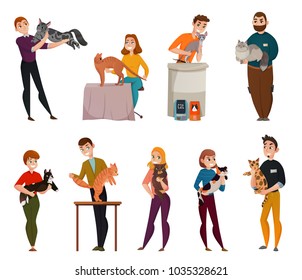 All-breed cats show isolated cartoon icons set with owners presenting pets to jury isolated vector illustration 