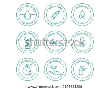 all-day moisturizing, silicone-free, Ph balanced, No anionic detergents, allergic tested, neutral ph, alcohol-free, eco friendly, fresh cosmetic icon set vector