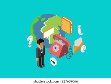 All-day phone and email client service information and chat support staff. Flat 3d isometric modern design concept vector. Web banners illustration materials for website  infographics.