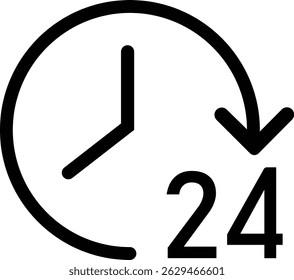 All-Day Service Icon Set. a clock with 24 hours on it and the word 24. 24-Hour Assistance Symbol