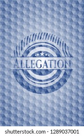 Allegation blue emblem with geometric pattern background.