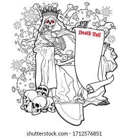 Allegoric painting of the first rider of Apocalyps - The Pestilence. Human skeleton wrapped in cloak with hood and a crown sitting on a thron. Black line drawing isolated on white background.