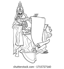 Allegoric painting of the first rider of Apocalyps. Human skeleton wrapped in cloak with hood and a crown sitting on a thron. Black line drawing isolated on white background.