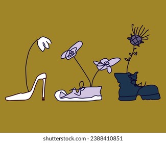 Allegorical composition with shoes characters. Vector illustration.