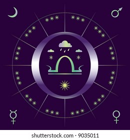 Allegorical illustration of autumnal equinox with sign of Libra and signs of planets