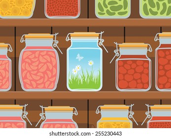 Allegorical illustration: memories of summer as piece of nature canned in glass jar among other jars in the storage. 