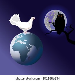 Allegorical image of good and evil. White dove and black owl. Earth and Moon.Vector illustration