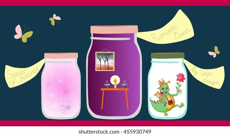 Allegorical vector illustration. Scents of the summer, romantic dinner and cheerful little dragon in glass jars on shelf. Vitamins for the soul. 