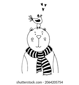 Allegory of friendship, a bear in scarf with a bird sitting on his head, best friends, a hand-drawn illustration