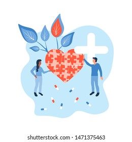 Allegory of how doctors save lives and treat diseases. Flat isolated vector illustration of physicians and puzzle heart, medical preparations and medicines. Healthcare workers on health protection.