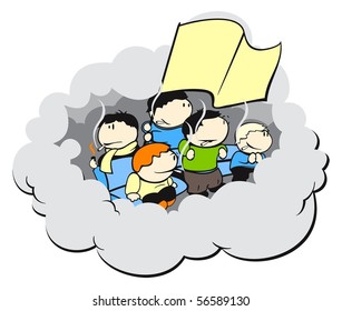 Allegory illustration of a group of football (soccer) fans at a very intense game