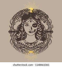 Allegory of life and death. Beautiful mysterious lady. Vector hand drawn illustration