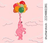 allegory. Surreal imaginary light pink elephant with horns flies to his dream on colorful balloons. The sky is pink with clouds. Sprite for the game. Concept art. Vector
