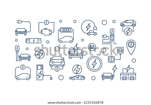 All-electric car horizontal banner. Vector\
illustration made with electric car outline\
icons