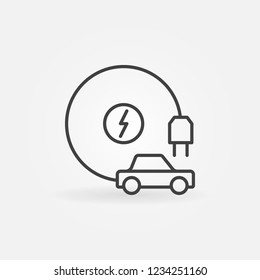 All-electric car with plug vector outline icon or logo element