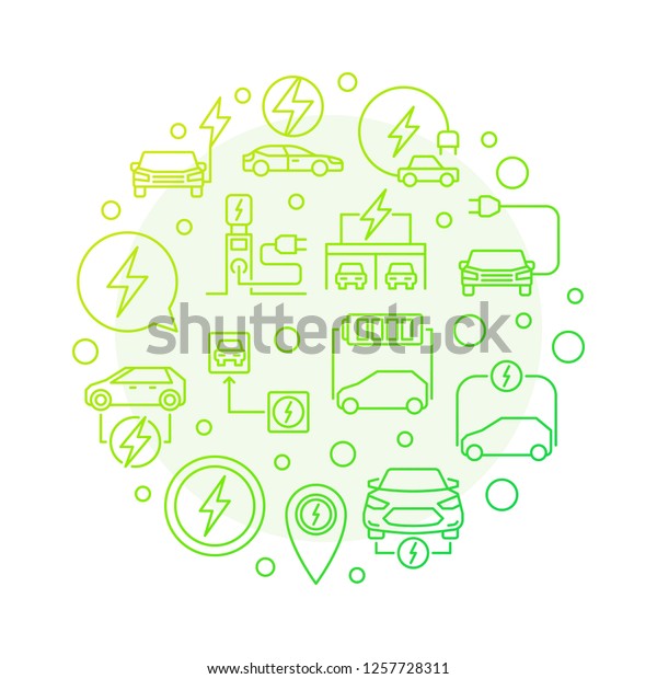 All-electric car round green outline\
illustration. Vector EV and electric car creative symbol in thin\
line style on white\
background
