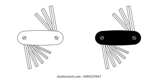 Allen key bracket or pin key. Allen wrench or hex key. Wrenches tools. Work service tool. Assembly set. Bicycle, cycling maintenance and repair. Furniture or bike fixing concept. Travel, inbus keys.