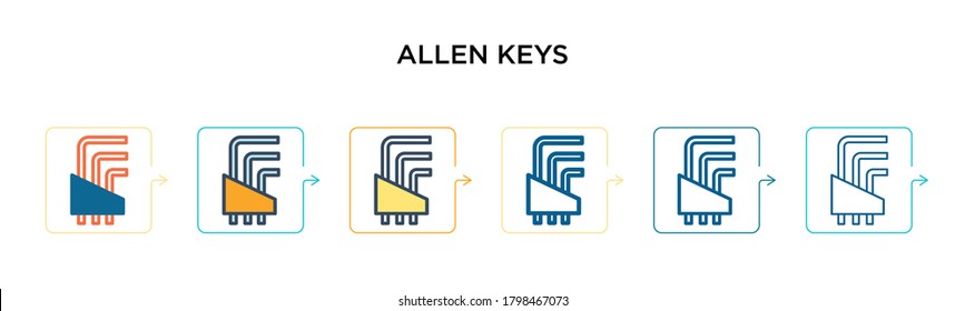 Allen keys vector icon in 6 different modern styles. Black, two colored allen keys icons designed in filled, outline, line and stroke style. Vector illustration can be used for web, mobile, ui