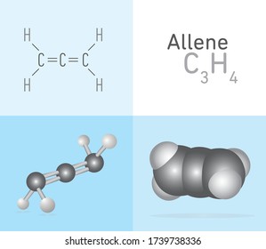 Allene, propadiene (C3H4) gas molecule. Two 
different molecule model and chemical formula. Ball, stick and Space filling model. Structural Chemical Formula and Molecule Model. Chemistry Education