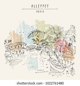 Alleppey Backwaters, Kerala, South India. Artistic travel sketch of boats on water and palm trees. Laid back atmosphere, back in time vintage hand drawn touristic postcard. Vector illustration