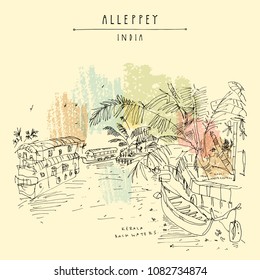 Alleppey Backwaters, Kerala, South India. Artistic travel sketch of boats on water and palm trees. Laid back atmosphere, back in time vintage hand drawn touristic postcard. Vector illustration