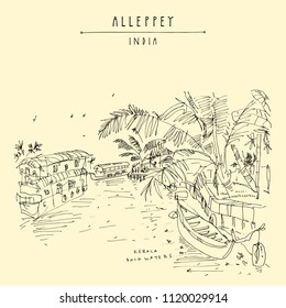 Alleppey Backwaters, Kerala, South India. Artistic travel sketch of boats on water and palm trees. Laid back atmosphere, back in time vintage hand drawn touristic postcard. Vector illustration