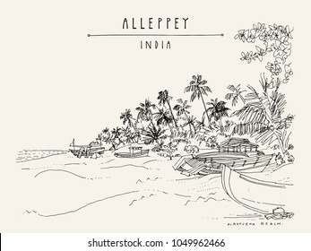 Alleppey Beach, Alappuzha, Kerala, South India. Retro travel drawing of a pristine beach, palm trees and boats. Tropical paradise landscape sketch. Vintage touristic postcard. Vector illustration