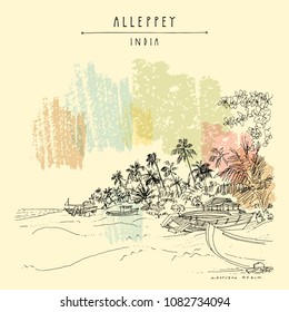 Alleppey Beach, Alappuzha, Kerala, South India. Retro travel drawing of a pristine beach, palm trees and boats. Tropical paradise landscape sketch. Vintage touristic postcard. Vector illustration