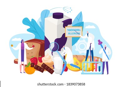 Allergen food design concept, vector illustration. Allergy treatment with doctor, medical help by medicine design. Flat dangerous elements for health, cartoon patient symptoms reason.