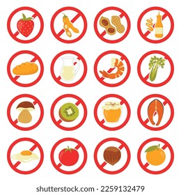 Allergen food flat icons set. Balanced nutrition. Ban to fruits and diary products. Allergy to nut, strawberry, honey, mushroom and salmon. Color isolated illustration