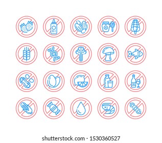 Allergen food free line color icons set. Allergenic ingredients. Food intolerance. Signs for web page, mobile app, button, logo. Vector isolated buttons. Editable stroke.
