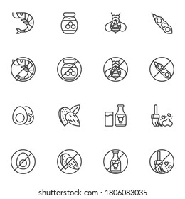 Allergen Food Line Icons Set, Allergiesymptome umreißen Vektorsymbol Kollektion, lineares Piktogramm Pack. Zeichen Logo-Illustration. Set enthält Symbole als Prohibition-Zeichen für Meeresfrüchte, laktosefreie Milch