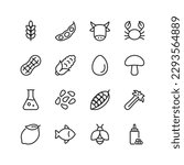 Allergen in food, linear icons set. Avoid foods that cause allergies. Most common allergens. To warn people with food allergies. Gluten, soy, milk, shellfish, peanuts, citrus. Editable stroke width