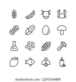 Allergen in food, linear icons set. Avoid foods that cause allergies. Most common allergens. To warn people with food allergies. Gluten, soy, milk, shellfish, peanuts, citrus. Editable stroke width