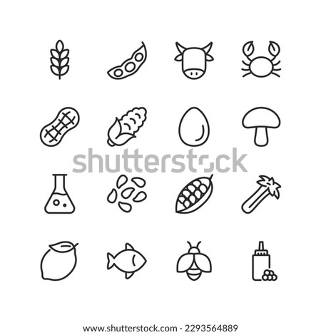 Allergen in food, linear icons set. Avoid foods that cause allergies. Most common allergens. To warn people with food allergies. Gluten, soy, milk, shellfish, peanuts, citrus. Editable stroke width Foto d'archivio © 
