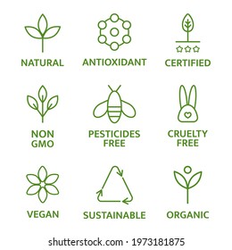 Allergen free badges. Natural and organic cosmetic line icons. Beauty product. Gluten and paraben free cosmetic. Non toxic logo. Skincare symbol. Eco, vegan label. Sensitive skin. Vector illustration.