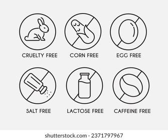 Allergen free badges. No salt, egg, lactose, caffeine free editable stroke thin outline icons set isolated on white background flat vector illustration.