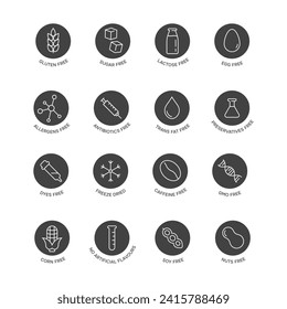 Allergen free. Black icons set, thin line. Lactose free, gluten free, sugar free signs. Vector illustration