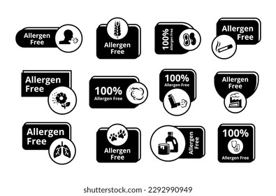 Allergen free black monochrome isometric badge set vector illustration. No allergy healthy symbol icon smoke dust pollen animal peanut gluten wheat virus environment pollution paint air emblem