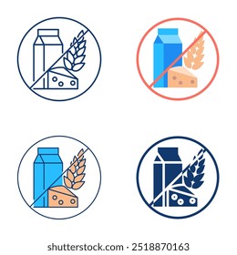 Allergen free food icon set in flat and line style. No lactose and gluten. Vector illustration.