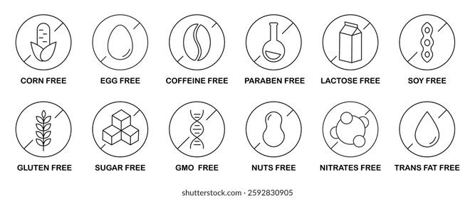 Allergen free food labels icons set, dietary restriction symbols for packaging for free of gluten, lactose, sugar, GMO, soy, nut.  Black and white Allergens icons.