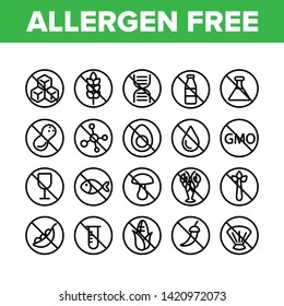 Allergen Free Food Vector Linear Icons Set. No Allergen Labelling, Eco And Organic Products Outline Symbols Pack. Ingredients Without GMO, Seafood, Peanuts, Alcohol Isolated Contour Illustrations