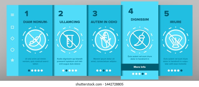 Allergen Free Food Vector Onboarding Mobile App Page Screen. No Allergen Labelling, Eco And Organic Products Outline Symbols Pack. Ingredients Without GMO, Seafood, Peanuts, Alcohol Illustrations