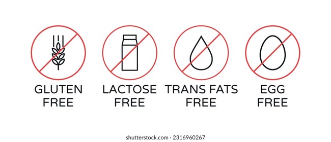 Conjunto de vectores de diseño de iconos libres de alérgicos. Etiquetas de la dieta alimenticia Gluten gratis, sin lactosa, sin grasas trans y sin huevo. Símbolos orgánicos, veganos, biológicos y ecológicos.
