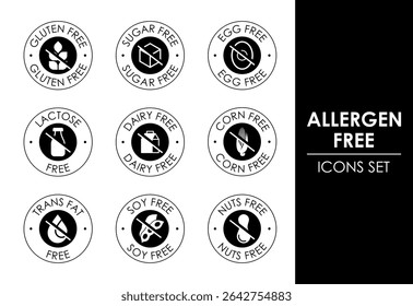 Conjunto de ícones livres de alérgenos. Símbolos de produtos sem alérgenos. Lactose, glúten, açúcar, milho, ovo, gordura trans, soja, nozes, sinal de leite livre