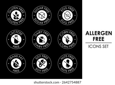 Conjunto de ícones livres de alérgenos. Símbolos de produtos sem alérgenos. Lactose, glúten, açúcar, milho, ovo, gordura trans, soja, nozes, sinal de leite livre